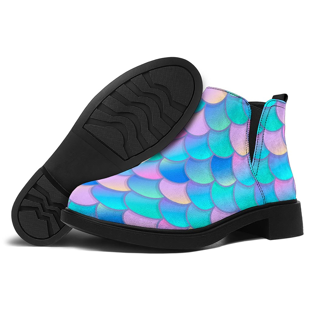Pink Teal Mermaid Scales Pattern Print Flat Ankle Boots