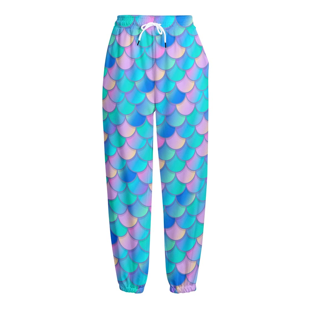 Pink Teal Mermaid Scales Pattern Print Fleece Lined Knit Pants