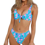 Pink Teal Mermaid Scales Pattern Print Front Bow Tie Bikini