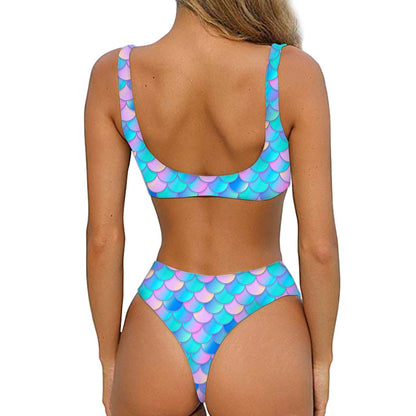 Pink Teal Mermaid Scales Pattern Print Front Bow Tie Bikini