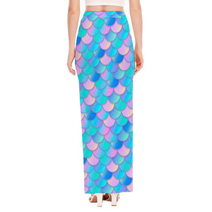 Pink Teal Mermaid Scales Pattern Print High Slit Maxi Skirt