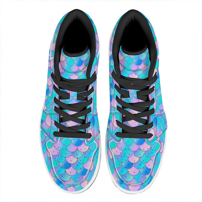 Pink Teal Mermaid Scales Pattern Print High Top Leather Sneakers
