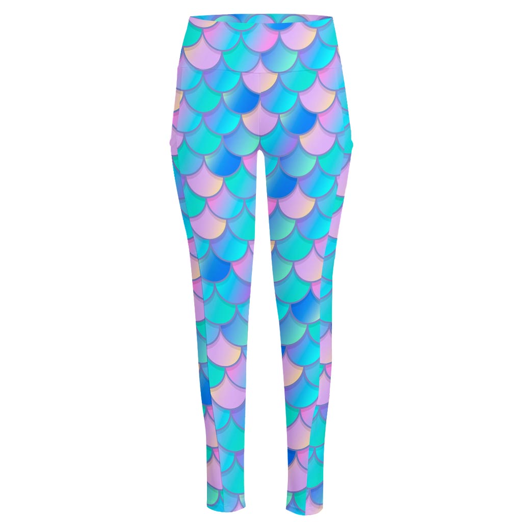 Pink Teal Mermaid Scales Pattern Print High-Waisted Pocket Leggings