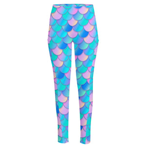 Pink Teal Mermaid Scales Pattern Print High-Waisted Pocket Leggings