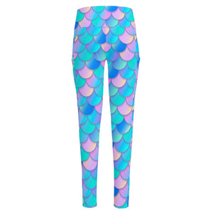 Pink Teal Mermaid Scales Pattern Print High-Waisted Pocket Leggings