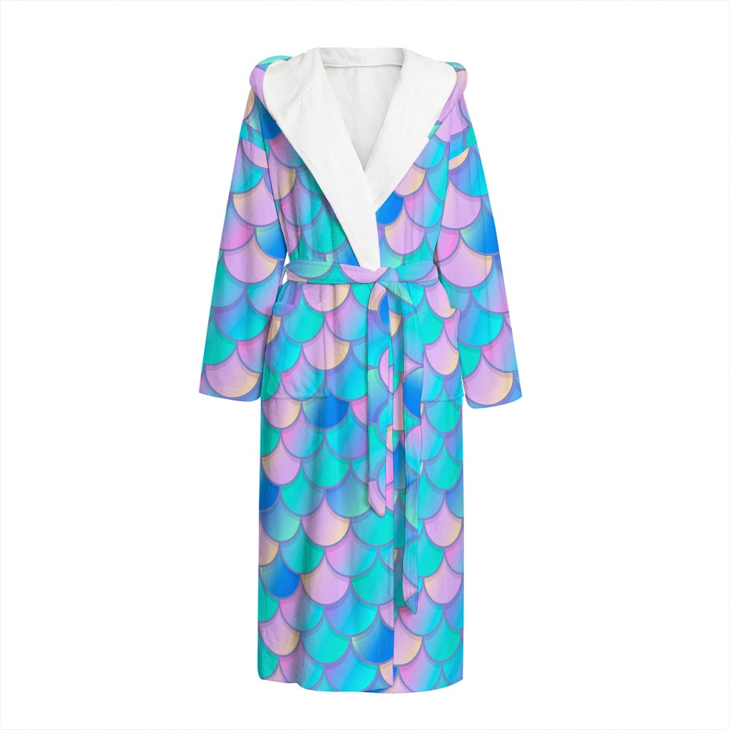 Pink Teal Mermaid Scales Pattern Print Hooded Bathrobe