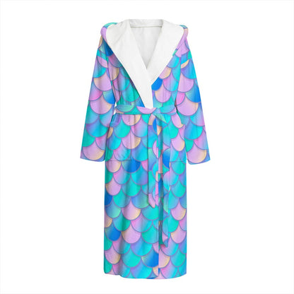Pink Teal Mermaid Scales Pattern Print Hooded Bathrobe