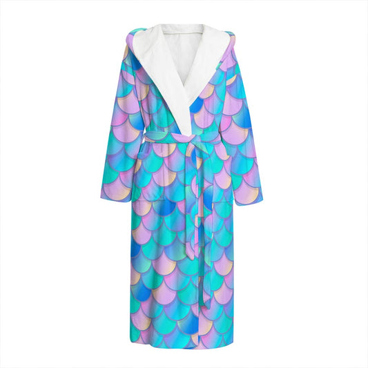 Pink Teal Mermaid Scales Pattern Print Hooded Bathrobe