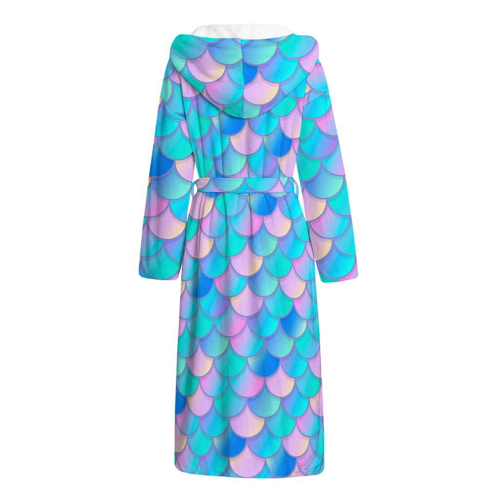 Pink Teal Mermaid Scales Pattern Print Hooded Bathrobe