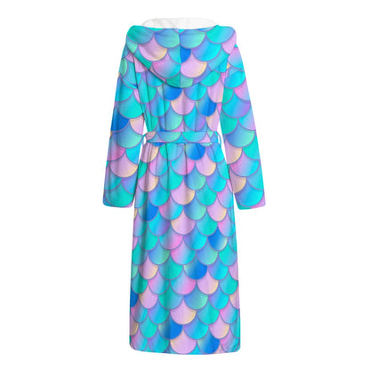 Pink Teal Mermaid Scales Pattern Print Hooded Bathrobe