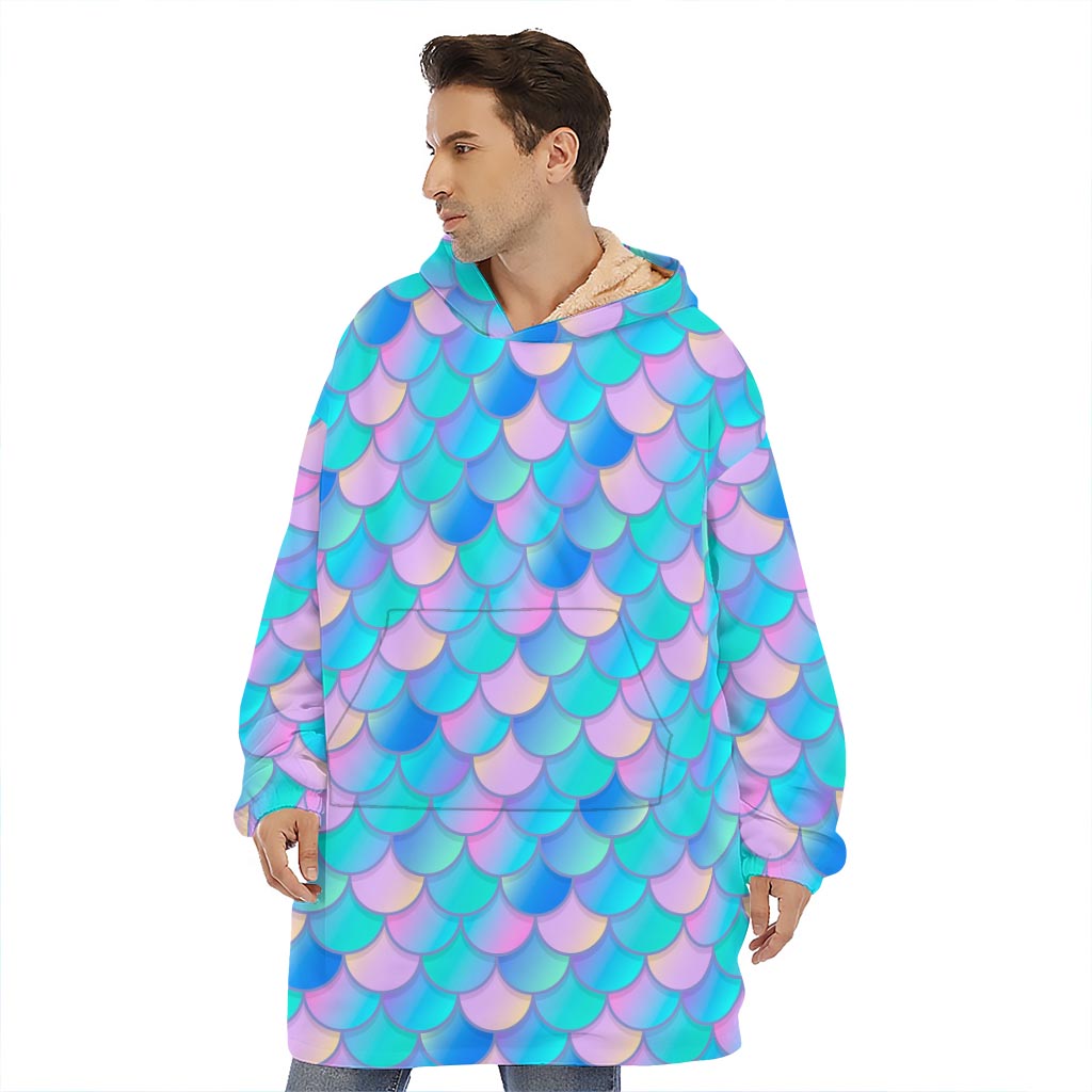 Pink Teal Mermaid Scales Pattern Print Hoodie Blanket
