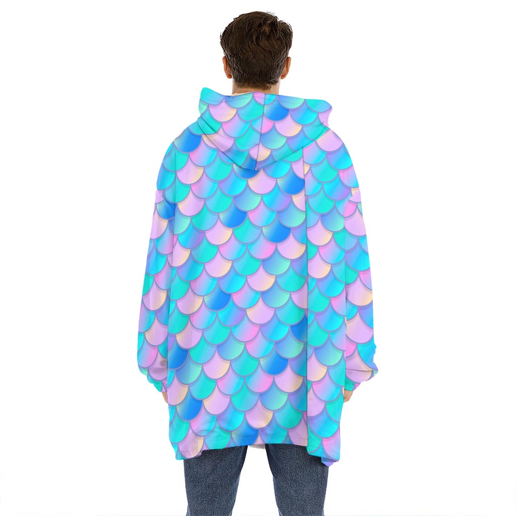 Pink Teal Mermaid Scales Pattern Print Hoodie Blanket
