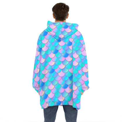 Pink Teal Mermaid Scales Pattern Print Hoodie Blanket