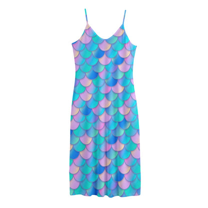 Pink Teal Mermaid Scales Pattern Print Jersey Midi Cami Dress
