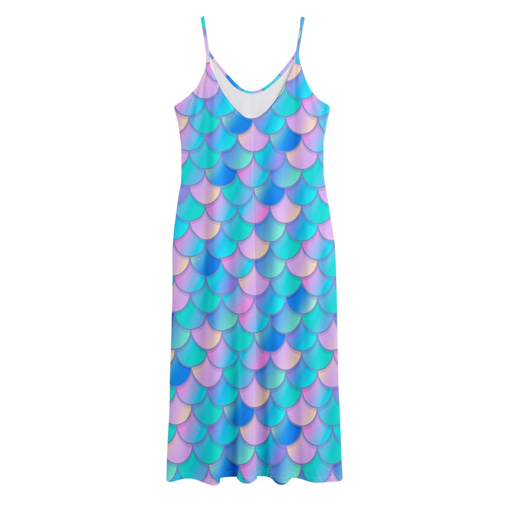 Pink Teal Mermaid Scales Pattern Print Jersey Midi Cami Dress