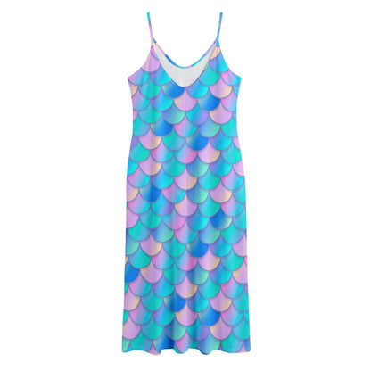 Pink Teal Mermaid Scales Pattern Print Jersey Midi Cami Dress