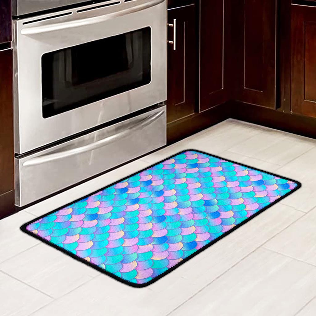 Pink Teal Mermaid Scales Pattern Print Kitchen Mat