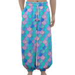 Pink Teal Mermaid Scales Pattern Print Lantern Pants