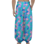 Pink Teal Mermaid Scales Pattern Print Lantern Pants