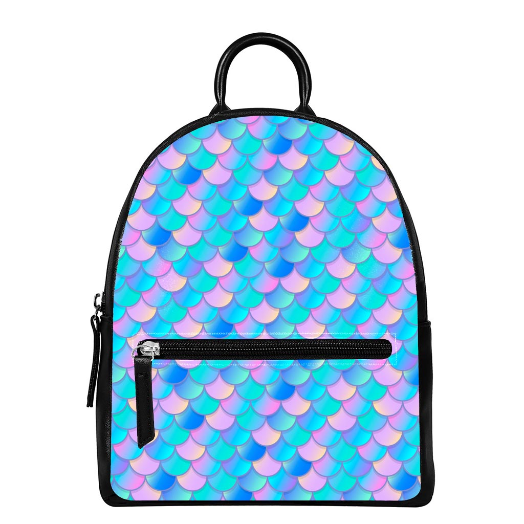 Pink Teal Mermaid Scales Pattern Print Leather Backpack