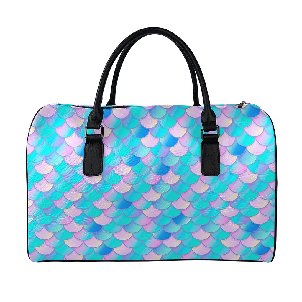Pink Teal Mermaid Scales Pattern Print Leather Duffle Bag