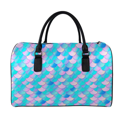 Pink Teal Mermaid Scales Pattern Print Leather Duffle Bag