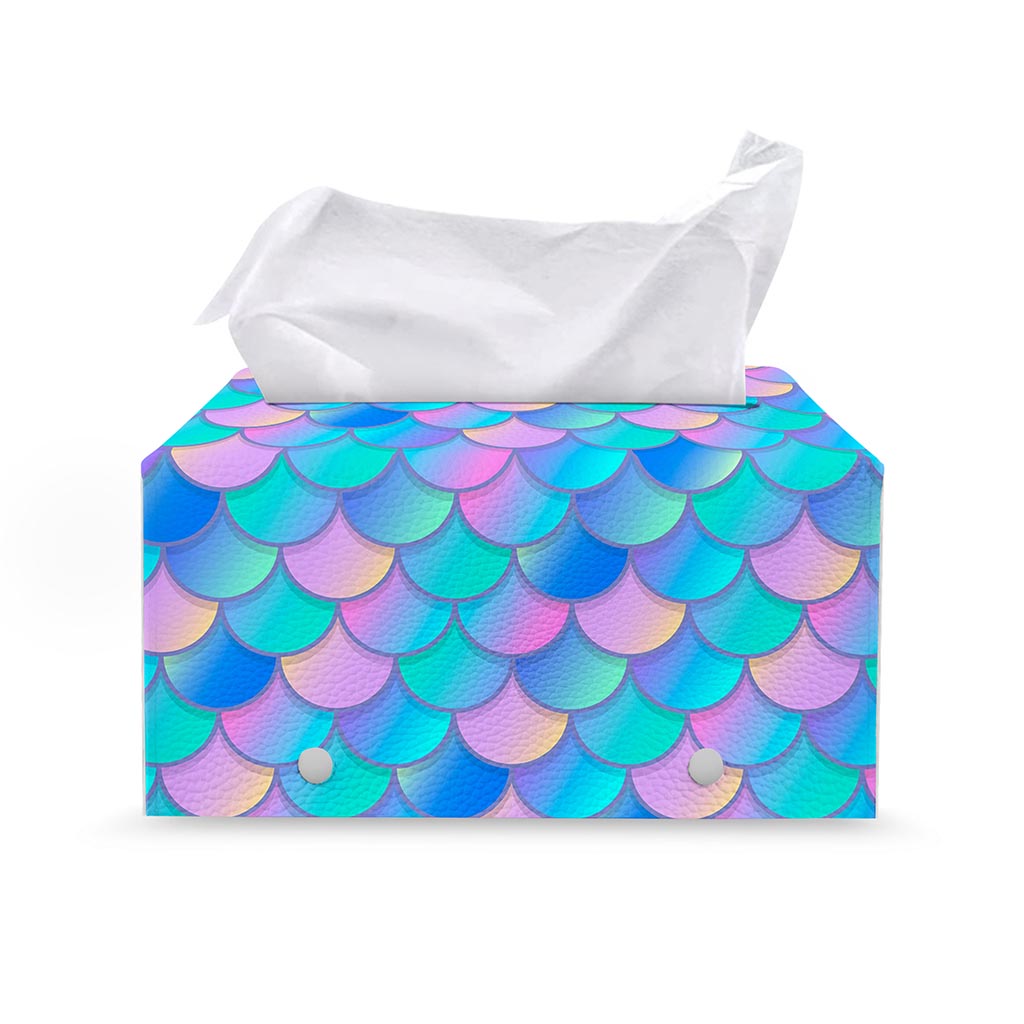 Pink Teal Mermaid Scales Pattern Print Leather Tissue Box Cover