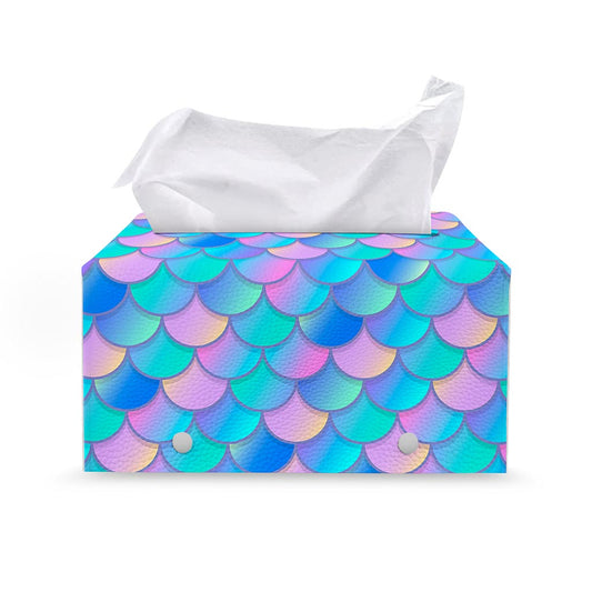 Pink Teal Mermaid Scales Pattern Print Leather Tissue Box Cover