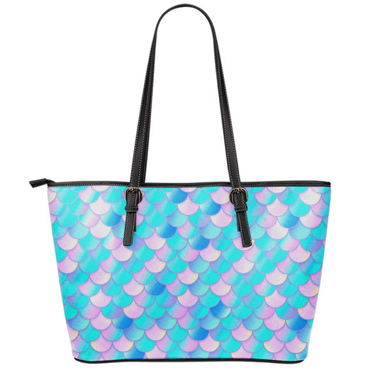 Pink Teal Mermaid Scales Pattern Print Leather Tote Bag