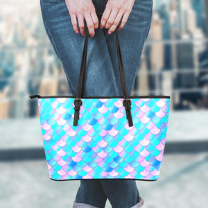 Pink Teal Mermaid Scales Pattern Print Leather Tote Bag