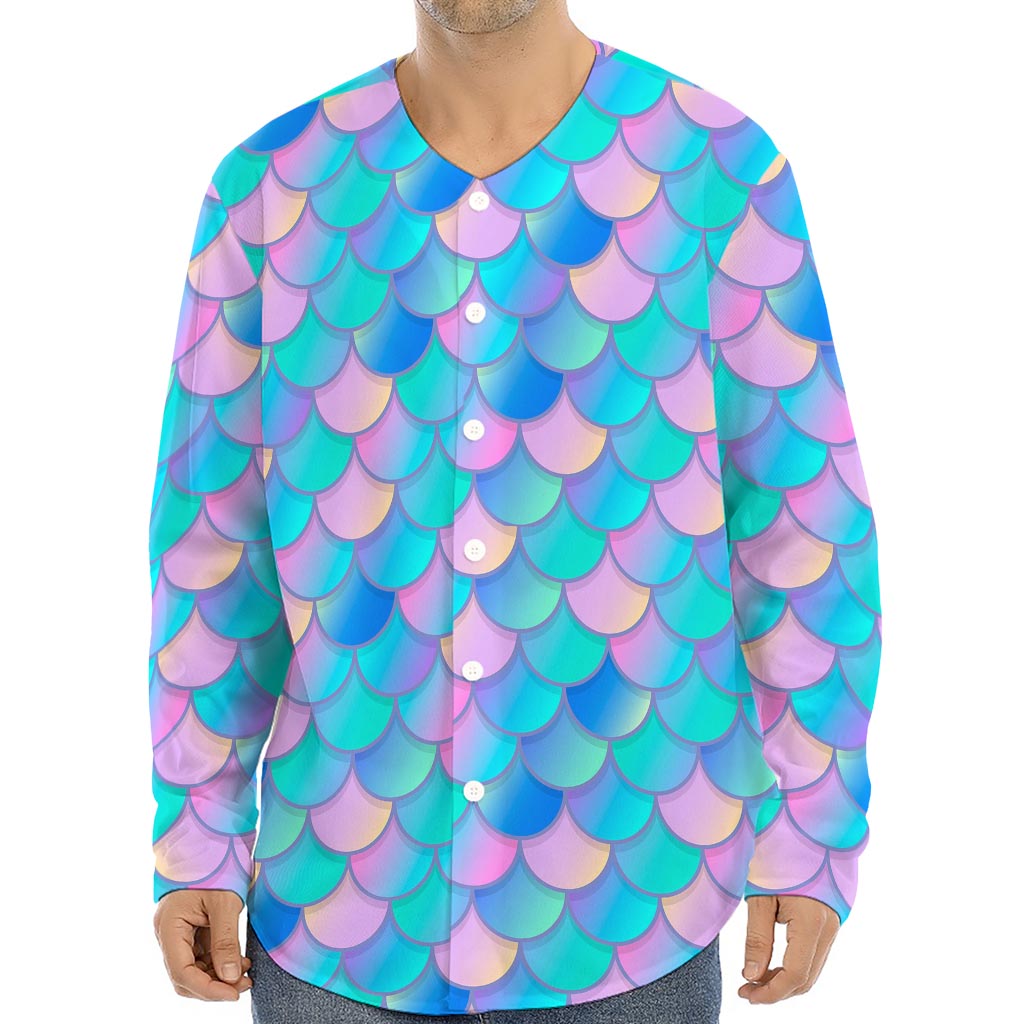 Pink Teal Mermaid Scales Pattern Print Long Sleeve Baseball Jersey