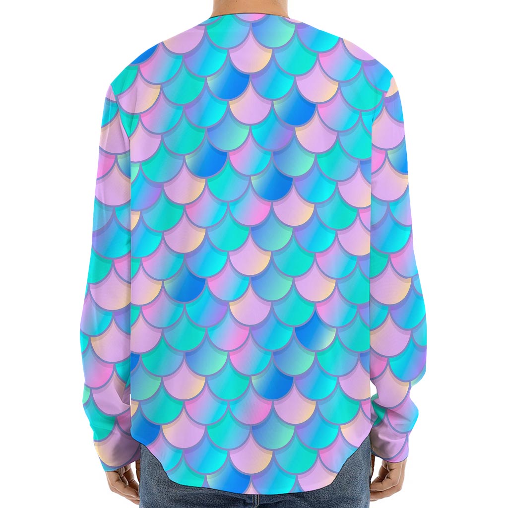 Pink Teal Mermaid Scales Pattern Print Long Sleeve Baseball Jersey