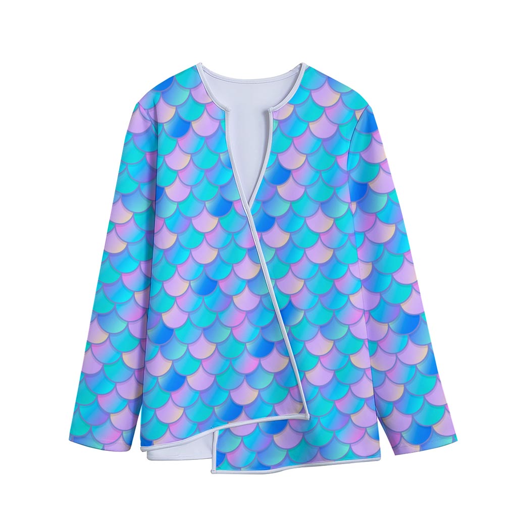 Pink Teal Mermaid Scales Pattern Print Long Sleeve Short Coat