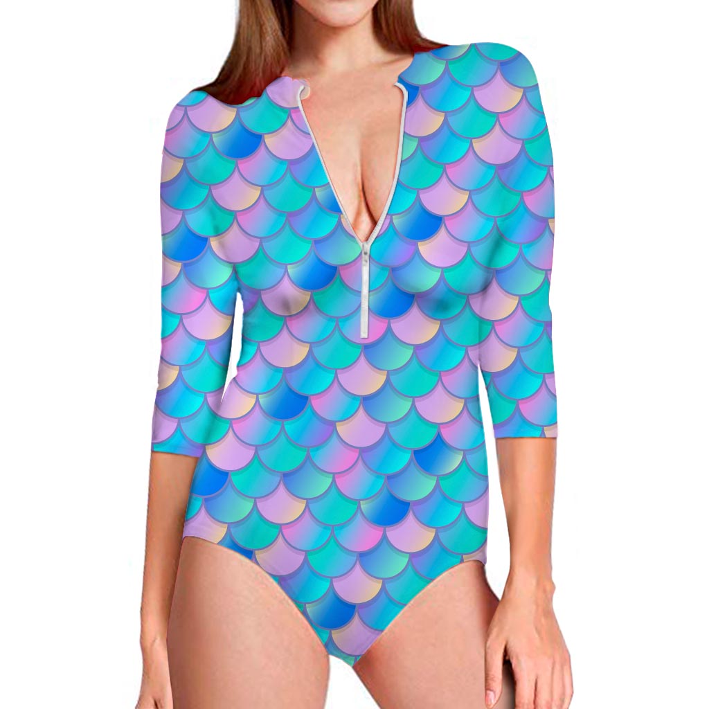 Pink Teal Mermaid Scales Pattern Print Long Sleeve Swimsuit