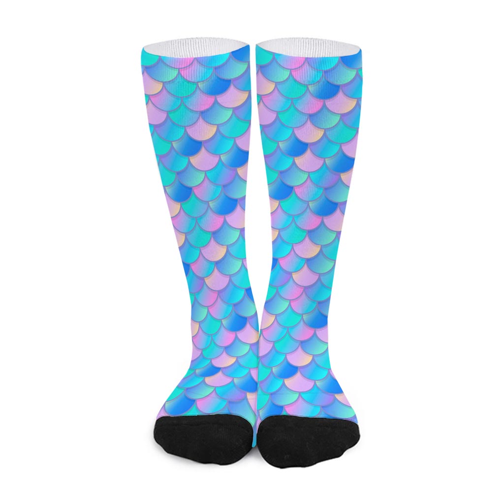 Pink Teal Mermaid Scales Pattern Print Long Socks