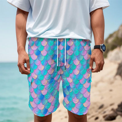 Pink Teal Mermaid Scales Pattern Print Men's Cargo Shorts