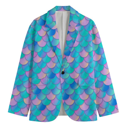 Pink Teal Mermaid Scales Pattern Print Men's Cotton Blazer