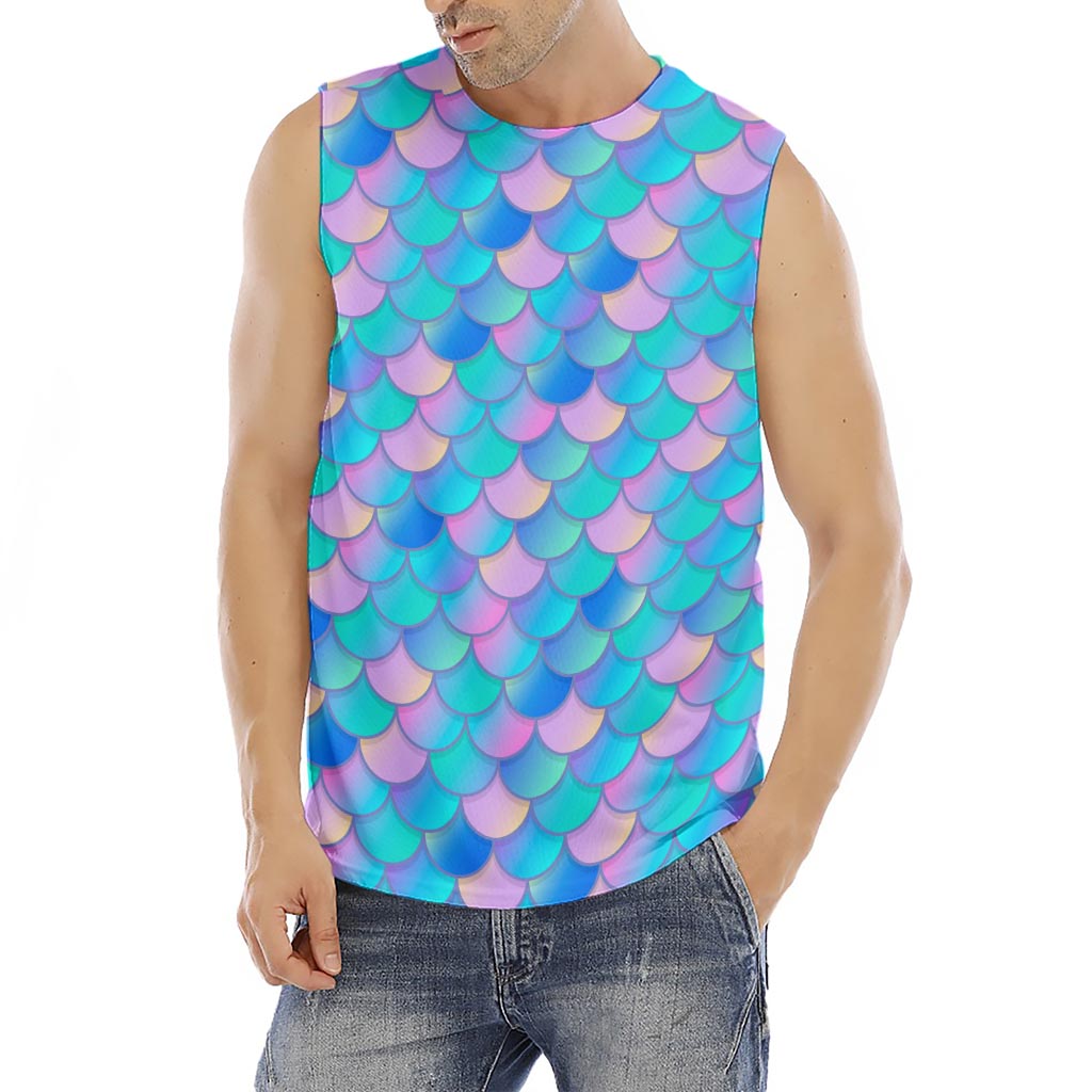 Pink Teal Mermaid Scales Pattern Print Men's Fitness Tank Top