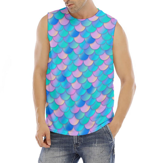 Pink Teal Mermaid Scales Pattern Print Men's Fitness Tank Top