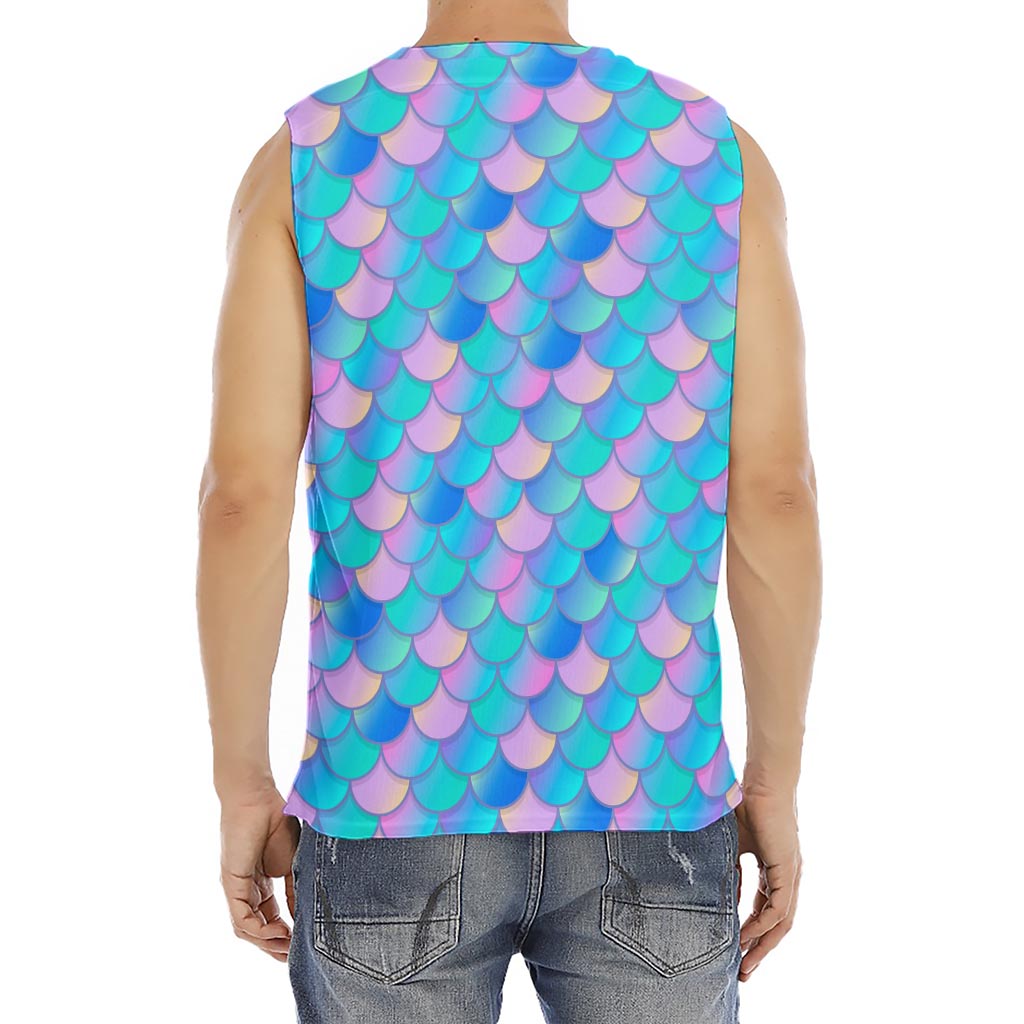 Pink Teal Mermaid Scales Pattern Print Men's Fitness Tank Top
