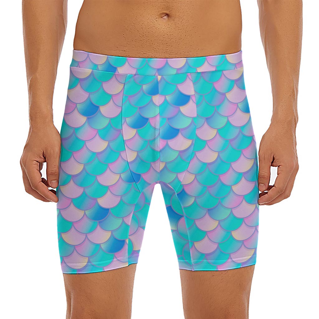 Pink Teal Mermaid Scales Pattern Print Men's Long Boxer Briefs