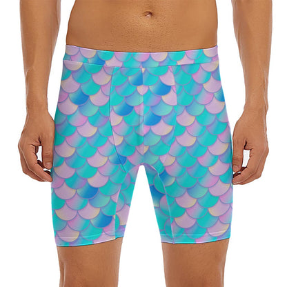 Pink Teal Mermaid Scales Pattern Print Men's Long Boxer Briefs