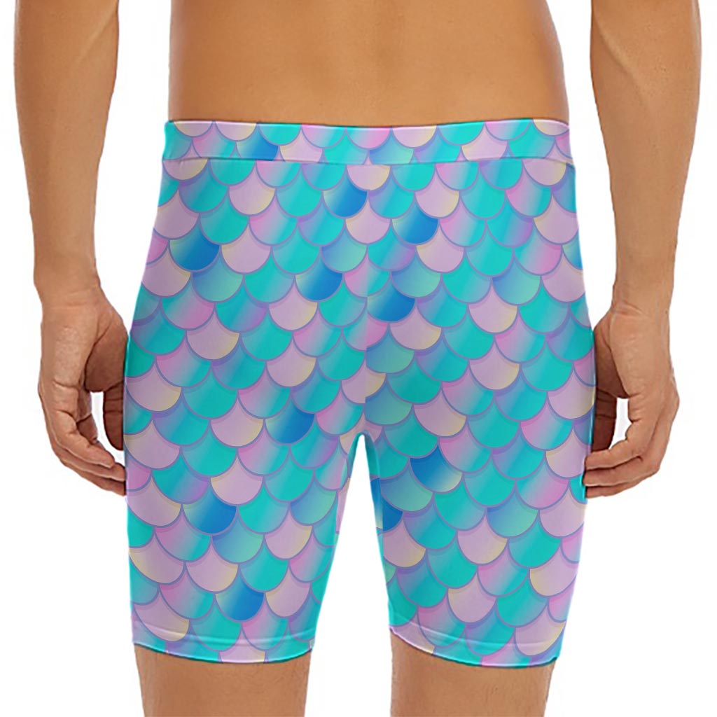 Pink Teal Mermaid Scales Pattern Print Men's Long Boxer Briefs
