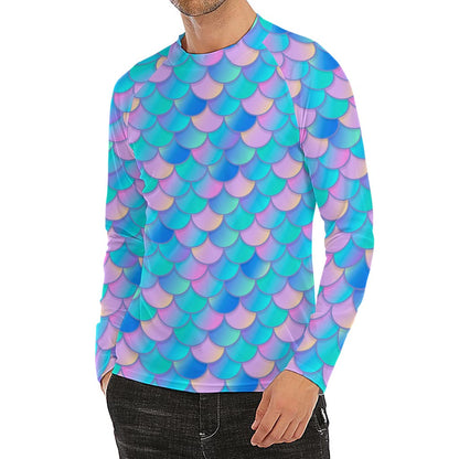 Pink Teal Mermaid Scales Pattern Print Men's Long Sleeve Rash Guard