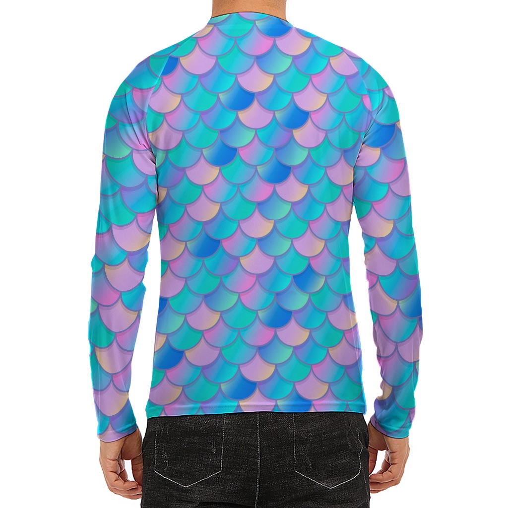 Pink Teal Mermaid Scales Pattern Print Men's Long Sleeve Rash Guard