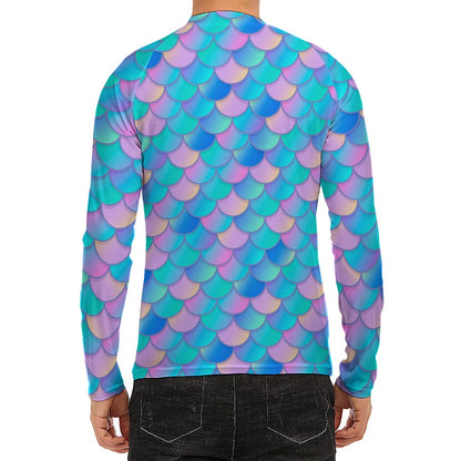 Pink Teal Mermaid Scales Pattern Print Men's Long Sleeve Rash Guard
