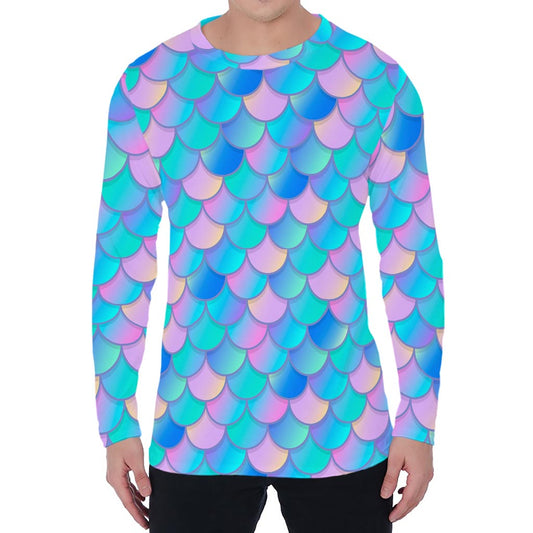 Pink Teal Mermaid Scales Pattern Print Men's Long Sleeve T-Shirt