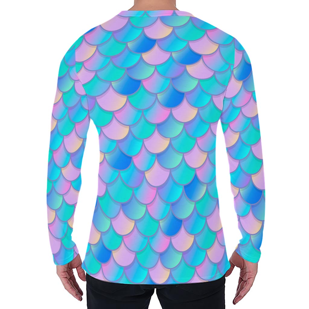 Pink Teal Mermaid Scales Pattern Print Men's Long Sleeve T-Shirt