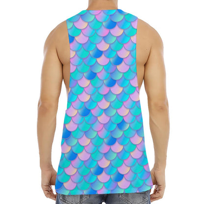 Pink Teal Mermaid Scales Pattern Print Men's Muscle Tank Top