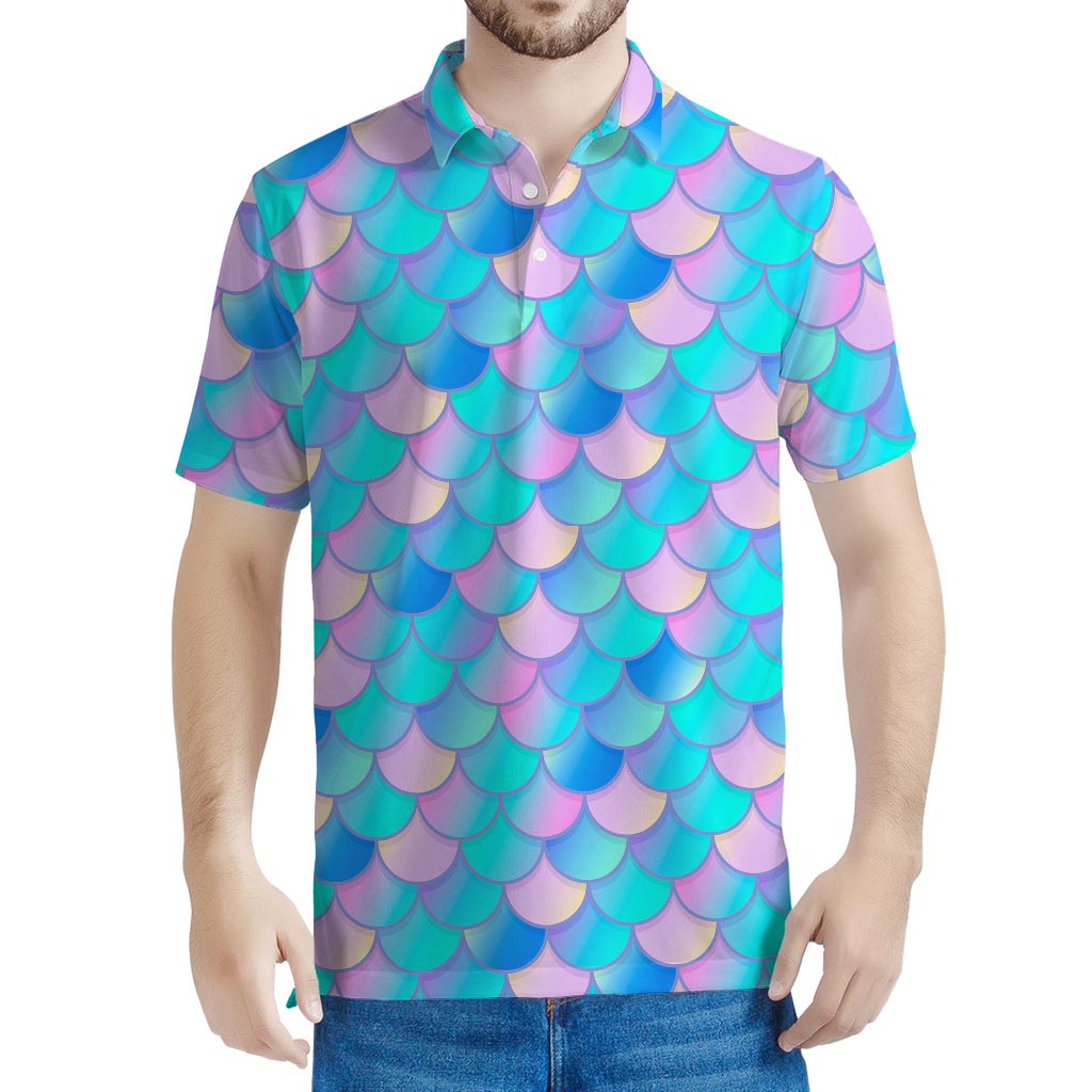 Pink Teal Mermaid Scales Pattern Print Men's Polo Shirt